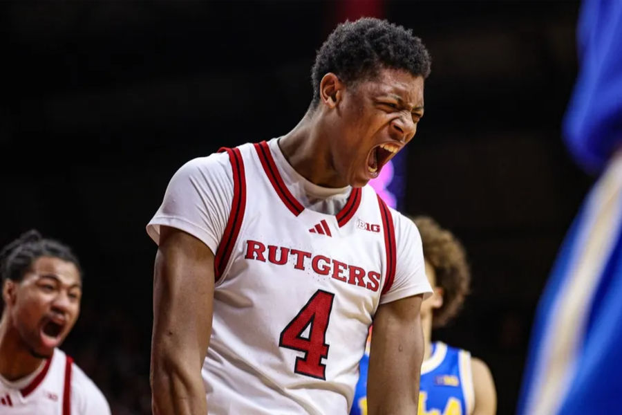 Jan 13, 2025; Piscataway, New Jersey, USA; Rutgers Scarlet Knights guard Ace Bailey (4) celebrates during the second half against the UCLA Bruins at Jersey Mike's Arena. Mandatory Credit: Vincent Carchietta-Imagn Images