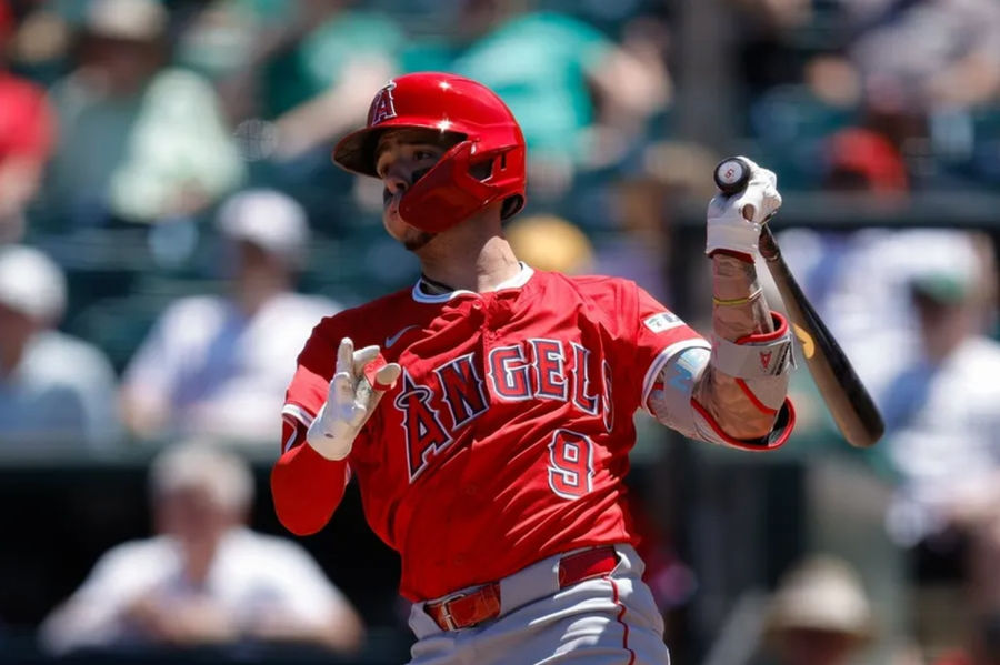 May 22, 2025; West Sacramento, California, USA; Los Angeles Angels shortstop Zach Neto (9) hits an RBI double during the fifth inning against the Athletics at Sutter Health Park. Mandatory Credit: Sergio Estrada-Imagn Images