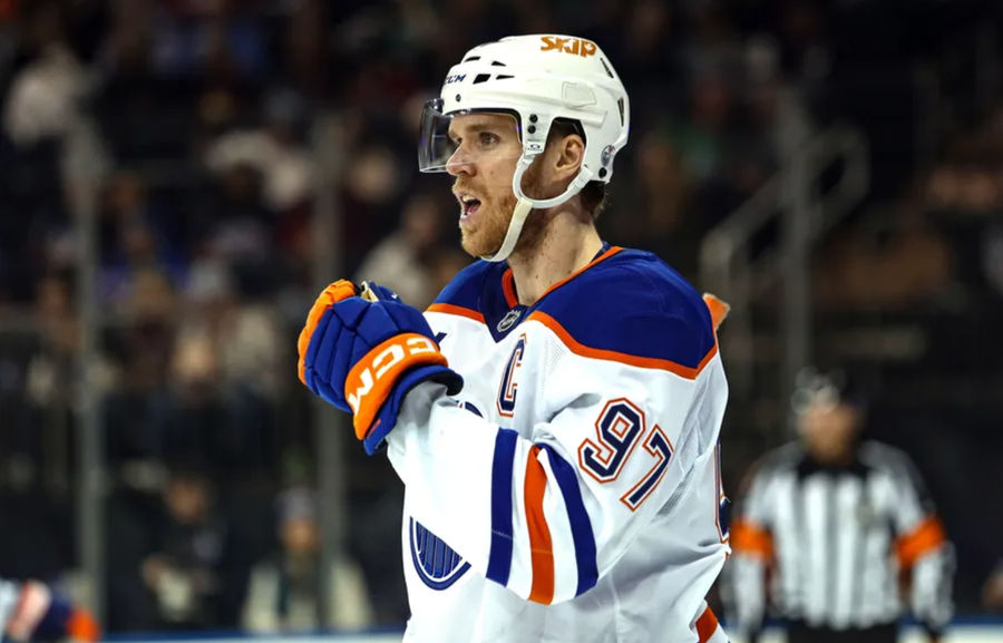 Mar 16, 2025; New York, New York, USA; Edmonton Oilers center Connor McDavid (97) skates against the New York Rangers during the second period at Madison Square Garden. Mandatory Credit: Danny Wild-Imagn Images