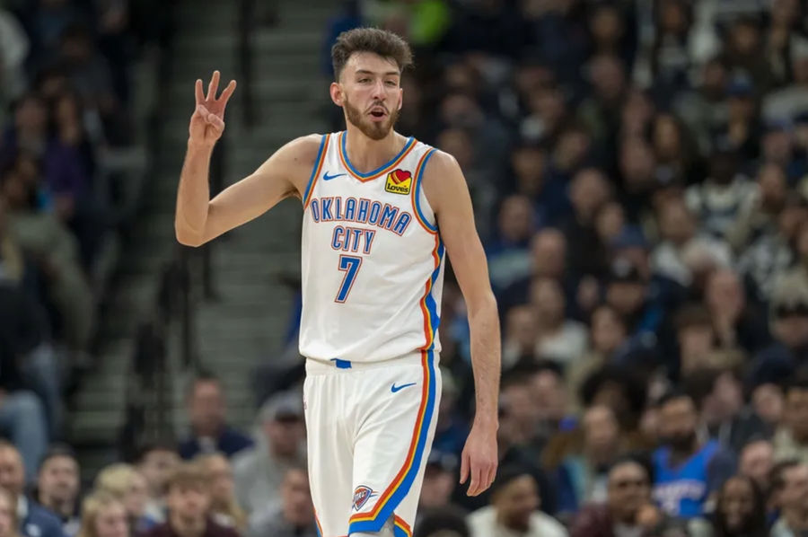 Feb 23, 2025; Minneapolis, Minnesota, USA; Oklahoma City Thunder forward Chet Holmgren (7) holds up three fingers during a free throw against the Minnesota Timberwolves in the first half at Target Center. Mandatory Credit: Jesse Johnson-Imagn Images