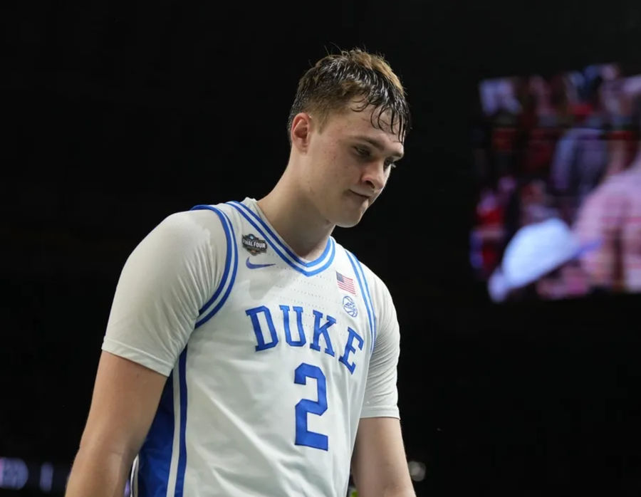Apr 5, 2025; San Antonio, TX, USA; Duke Blue Devils forward Cooper Flagg (2) walks off the court after losing to the Houston Cougars in the semifinals of the men's Final Four of the 2025 NCAA Tournament at the Alamodome. Mandatory Credit: Robert Deutsch-Imagn Images
