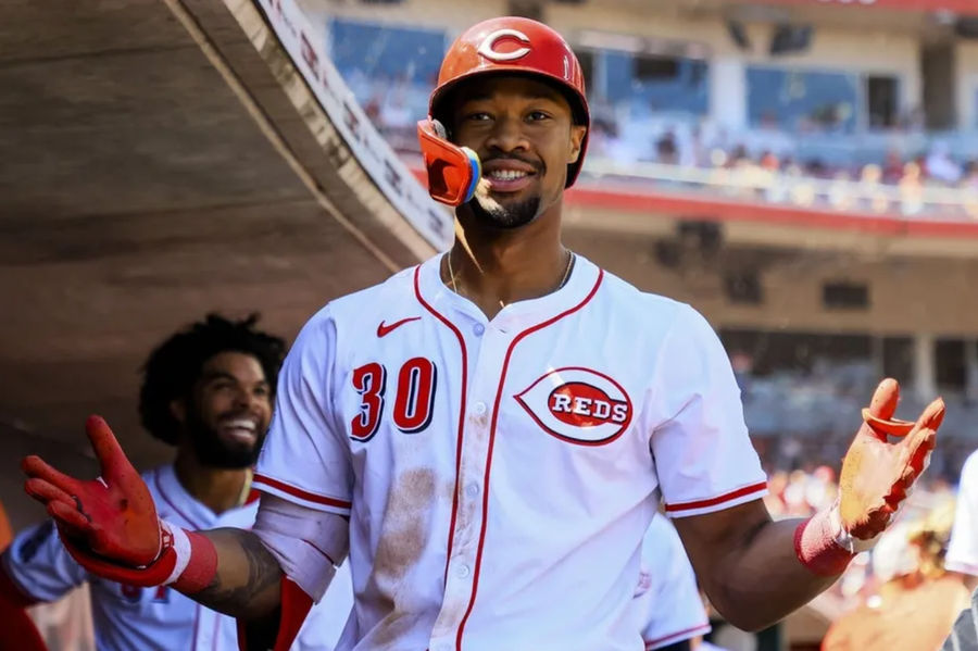 May 18, 2025; Cincinnati, Ohio, USA; Cincinnati Reds outfielder Will Benson (30) reacts after hitting a solo home run in the sixth inning against the Cleveland Guardians at Great American Ball Park. Mandatory Credit: Katie Stratman-Imagn Images