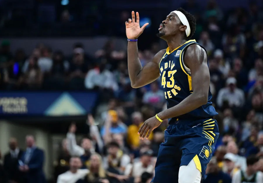 Oct 30, 2024; Indianapolis, Indiana, USA; Indiana Pacers forward Pascal Siakam (43) celebrates some points during the second quarter against the Boston Celtics at Gainbridge Fieldhouse. Mandatory Credit: Marc Lebryk-Imagn Images