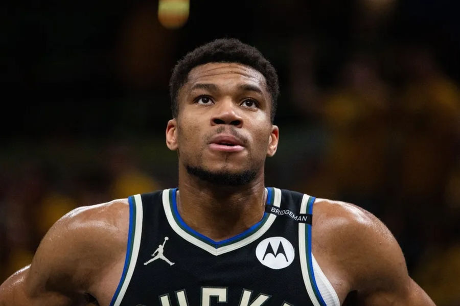 Apr 29, 2025; Indianapolis, Indiana, USA; Milwaukee Bucks forward Giannis Antetokounmpo (34) during Game 5 of the first round for the 2024 NBA Playoffs against the Indiana Pacers at Gainbridge Fieldhouse. Mandatory Credit: Trevor Ruszkowski-Imagn Images