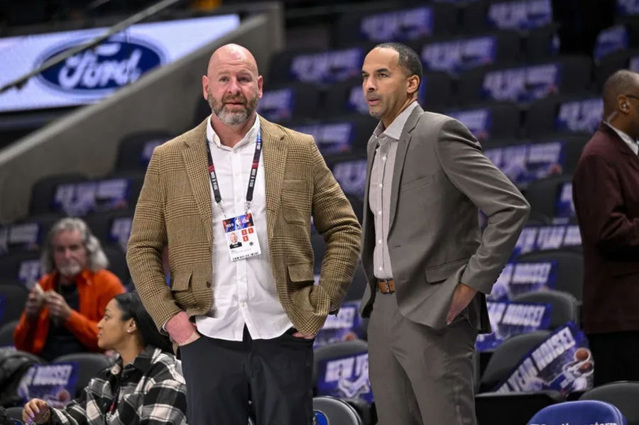 Jan 3, 2024; Dallas, Texas, USA; Portland Trail Blazers general manager Joe Cronin (left) and Dallas Mavericks general manager Nico Harrison (right) before the game between the Dallas Mavericks and the Portland Trail Blazers at the American Airlines Center. Mandatory Credit: Jerome Miron-USA TODAY Sports