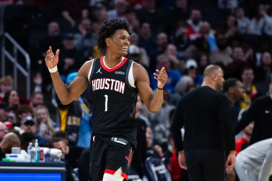Mar 4, 2025; Indianapolis, Indiana, USA; Houston Rockets forward Amen Thompson (1) reacts to a call in the second half against the Indiana Pacers at Gainbridge Fieldhouse. Mandatory Credit: Trevor Ruszkowski-Imagn Images