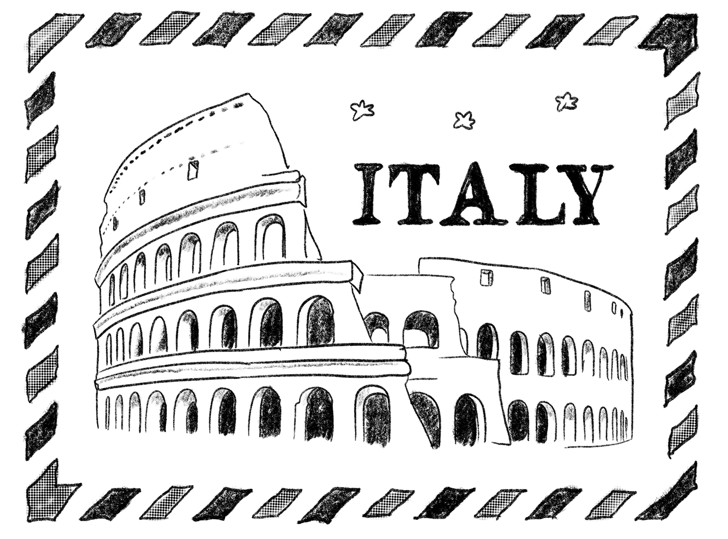Illustration of a stamp featuring Rome