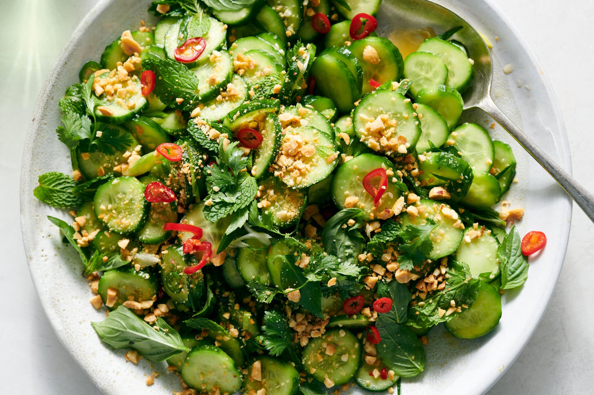 An overhead image of sliced cucumbers on a white plate topped with herbs, sliced chiles and nuts.