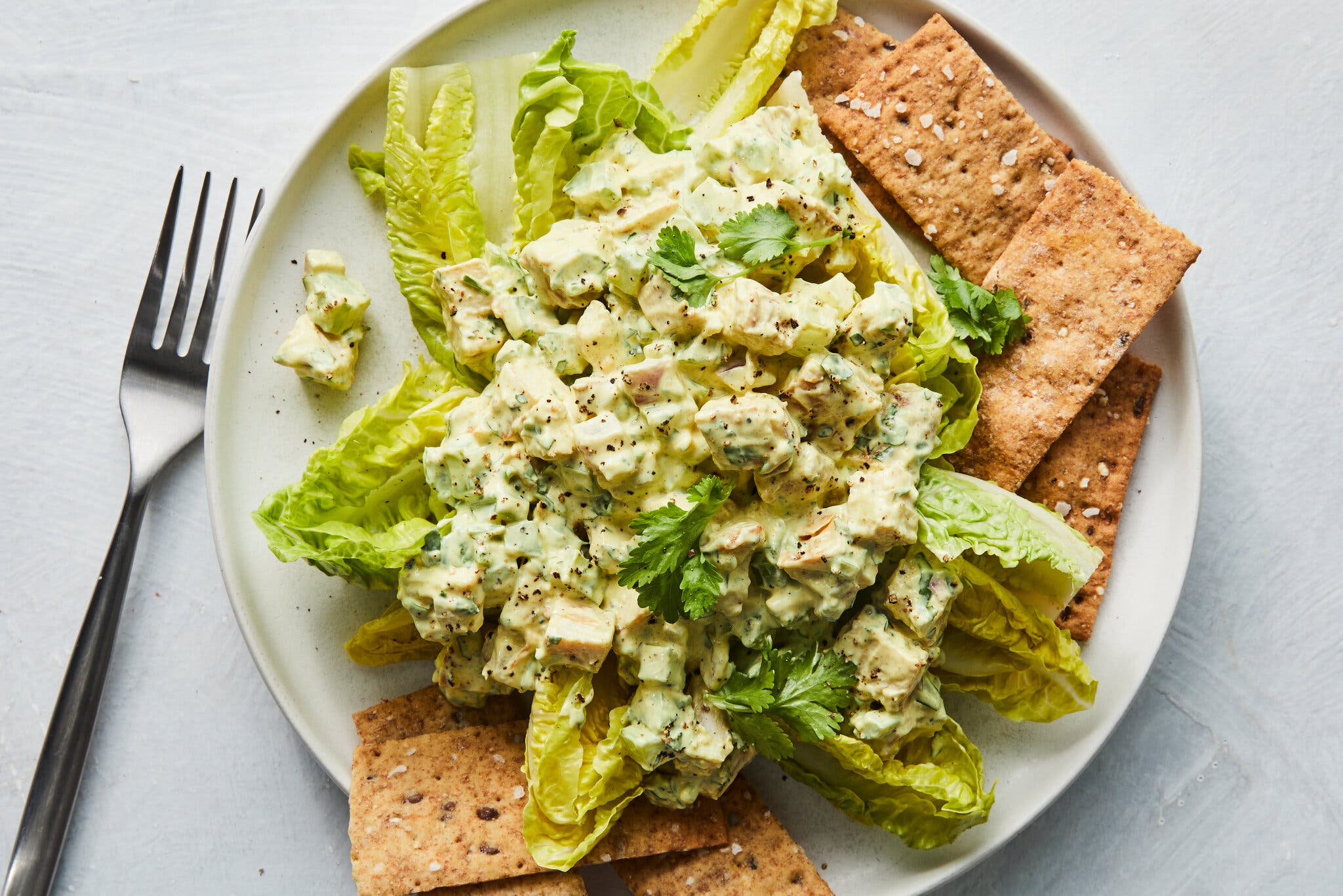 An overhead image of chicken salad on a bed of lettuce, next to some long crackers.