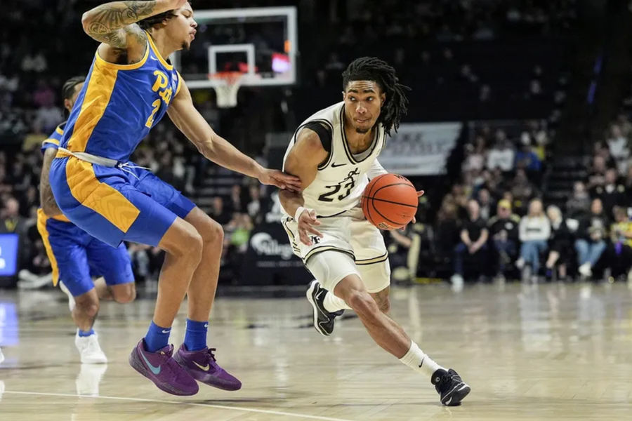 Feb 1, 2025; Winston-Salem, North Carolina, USA; Wake Forest Demon Deacons guard Hunter Sallis (23) handles the ball against Pittsburgh Panthers forward Cameron Corhen (2) during the first half at Lawrence Joel Veterans Memorial Coliseum. Mandatory Credit: Jim Dedmon-Imagn Images