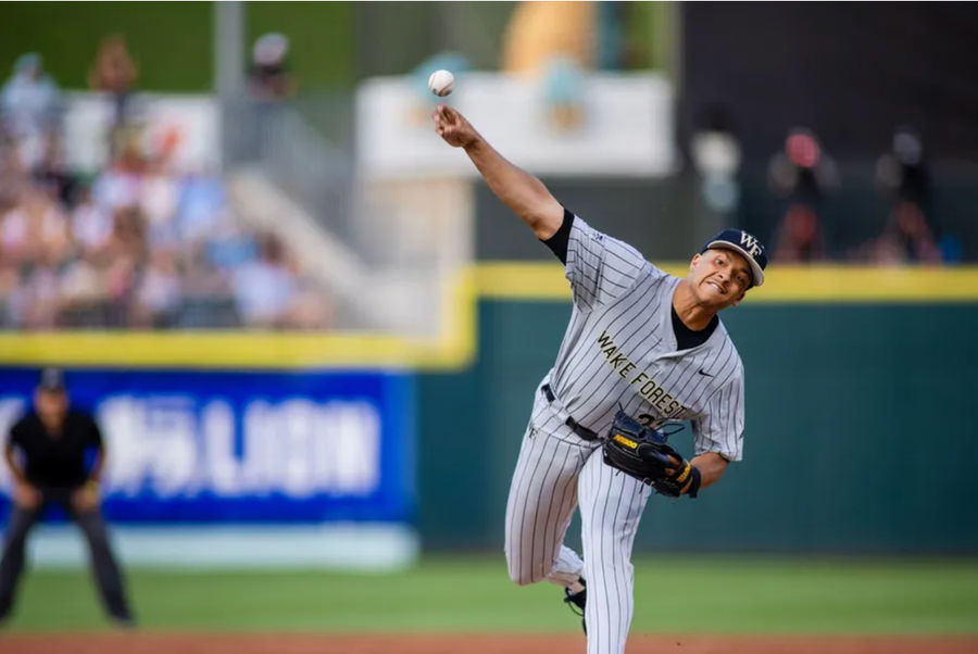 May 24, 2024; Charlotte, NC, USA; Wake Forest pitcher Chase Burns (29) starts against the North Carolina Tar Heels during the ACC Baseball Tournament at Truist Field. Mandatory Credit: Scott Kinser-USA TODAY Sports