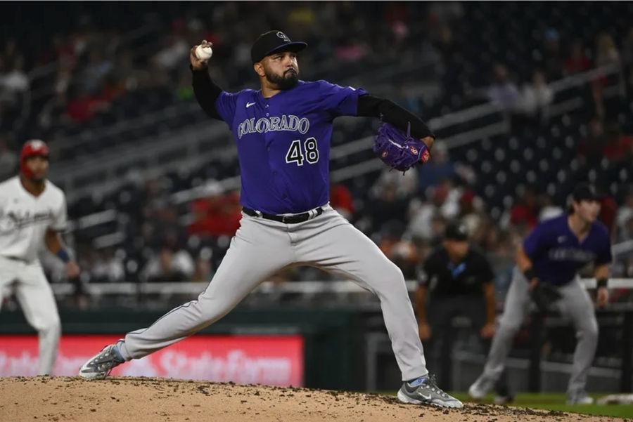 Jun 18, 2025; Washington, District of Columbia, USA; Colorado Rockies starting pitcher German Marquez (48) throws to the Washington Nationals during the third inning at Nationals Park. Mandatory Credit: Brad Mills-Imagn Images