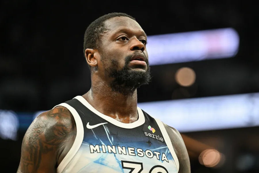 Jan 25, 2025; Minneapolis, Minnesota, USA; Minnesota Timberwolves forward Julius Randle (30) looks on during the third quarter against the Denver Nuggets at Target Center. Mandatory Credit: Jeffrey Becker-Imagn Images