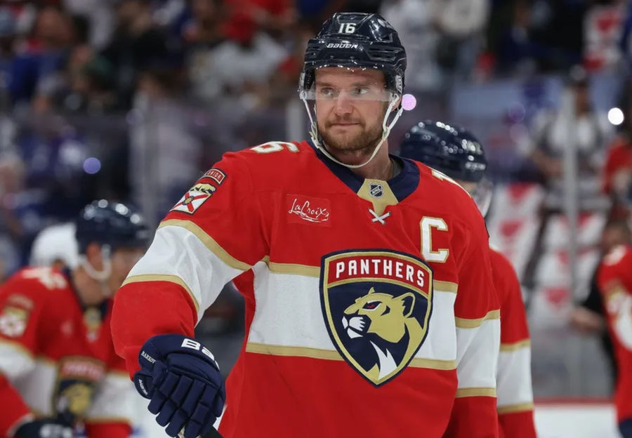 May 11, 2025; Sunrise, Florida, USA; Florida Panthers center Aleksander Barkov (16) warms up against the Toronto Maple Leafs before game four of the second round of the 2025 Stanley Cup Playoffs at Amerant Bank Arena. Mandatory Credit: Kim Klement Neitzel-Imagn Images