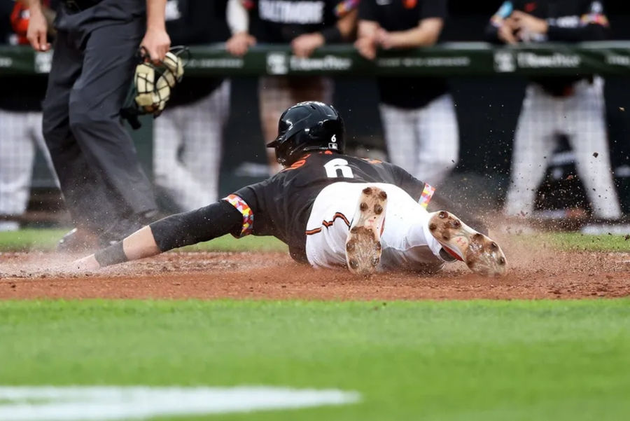 May 30, 2025; Baltimore, Maryland, USA; Baltimore Orioles first baseman Ryan Mountcastle (6) scores during the sixth inning against the Chicago White Sox at Oriole Park at Camden Yards. Mandatory Credit: Daniel Kucin Jr.-Imagn Images