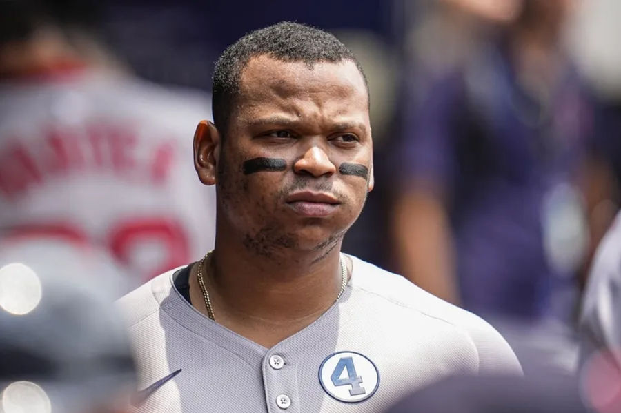Jun 1, 2025; Cumberland, Georgia, USA; Boston Red Sox designated hitter Rafael Devers (11) shown in the dugout before the game against the Atlanta Braves at Truist Park. Mandatory Credit: Dale Zanine-Imagn Images