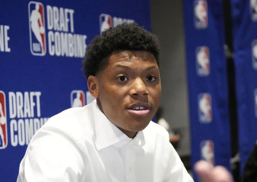 Ace Bailey talks to the media during the 2025 NBA Draft Combine at Marriott Marquis Chicago. Mandatory Credit: David Banks-Imagn Images