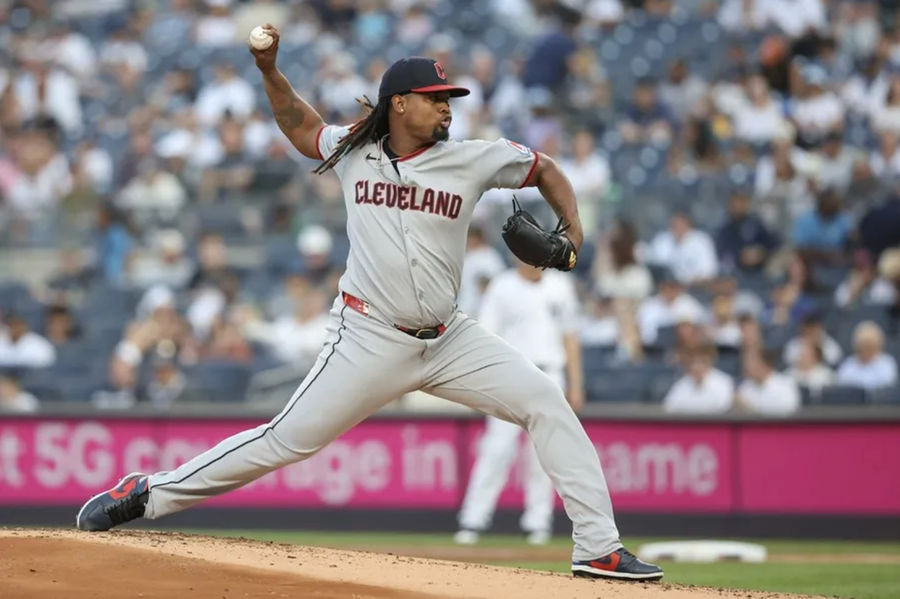 Jun 4, 2025; Bronx, New York, USA; Cleveland Guardians starting pitcher Luis L. Ortiz (45) pitches in the first inning against the New York Yankees at Yankee Stadium. Mandatory Credit: Wendell Cruz-Imagn Images