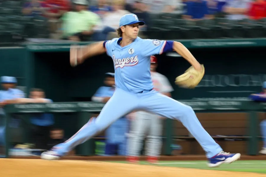 Jun 1, 2025; Arlington, Texas, USA; Texas Rangers starting pitcher Jacob deGrom (48) throws during the first inning against the St. Louis Cardinals at Globe Life Field. Mandatory Credit: Kevin Jairaj-Imagn Images
