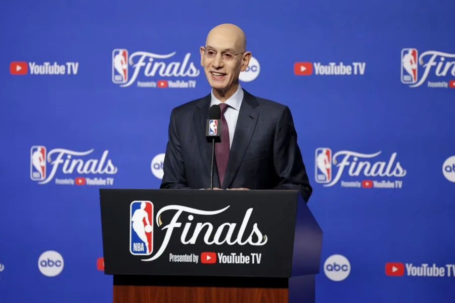 Jun 5, 2025; Oklahoma City, Oklahoma, USA; NBA commissioner Adam Silver speaks to the media before game one between the Oklahoma City Thunder and the Indiana Pacers in the 2025 NBA Finals at Paycom Center. Mandatory Credit: Alonzo Adams-Imagn Images