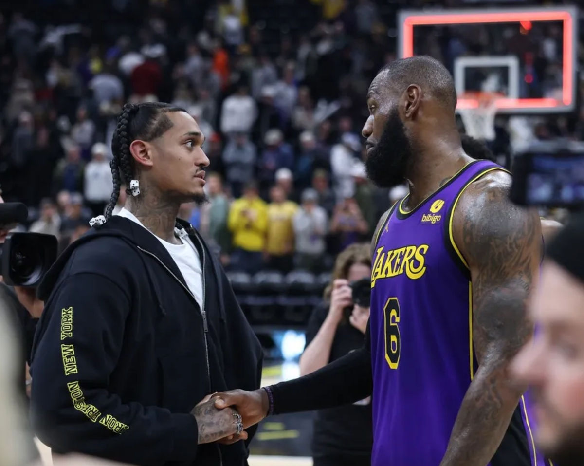 Apr 4, 2023; Salt Lake City, Utah, USA; Utah Jazz guard Jordan Clarkson (left) and Los Angeles Lakers forward LeBron James (6) shake hands after their game at Vivint Arena. Mandatory Credit: Rob Gray-Imagn Images