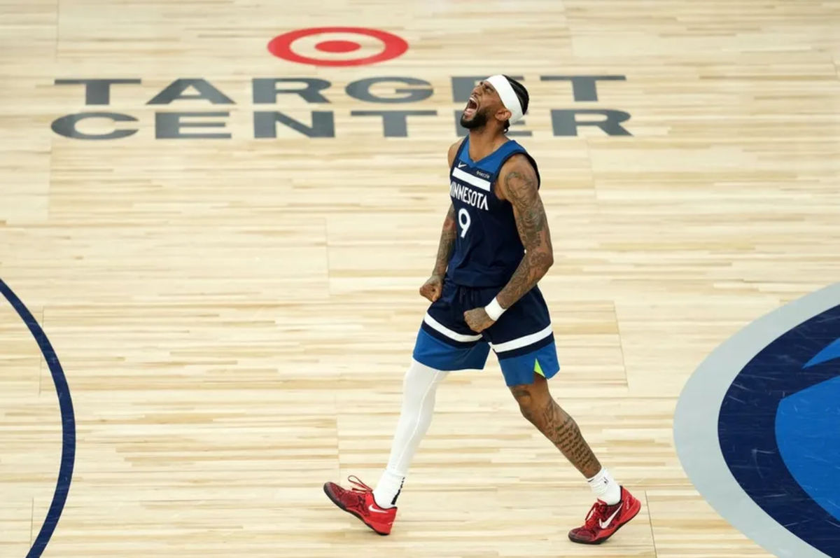 May 26, 2025; Minneapolis, Minnesota, USA; Minnesota Timberwolves guard Nickeil Alexander-Walker (9) reacts against the Oklahoma City Thunder in the second half during game four of the western conference finals for the 2025 NBA Playoffs at Target Center. Mandatory Credit: Jesse Johnson-Imagn Images
