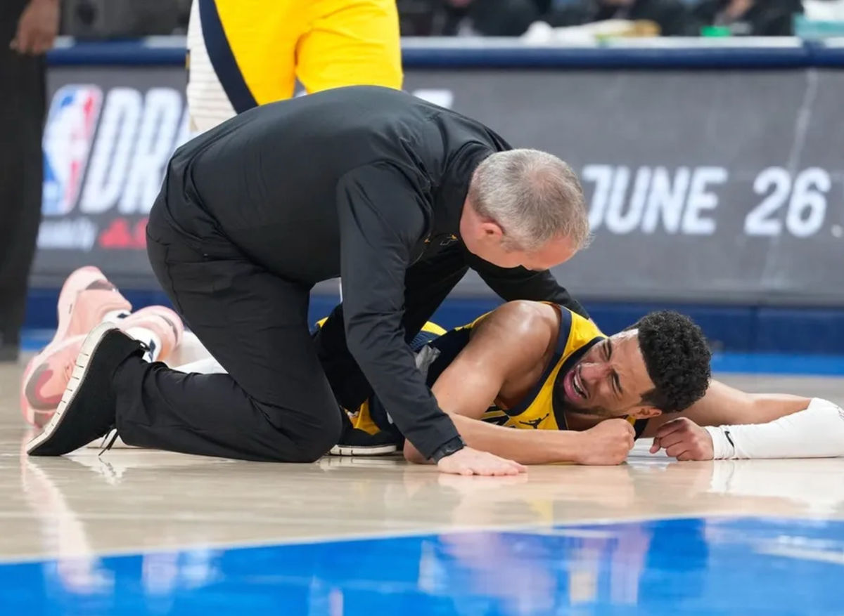 Jun 22, 2025; Oklahoma City, Oklahoma, USA; Indiana Pacers guard Tyrese Haliburton (0) reacts after suffering an injury during the first quarter against the Oklahoma City Thunder during game seven of the 2025 NBA Finals at Paycom Center. Mandatory Credit: Kyle Terada-Imagn Images