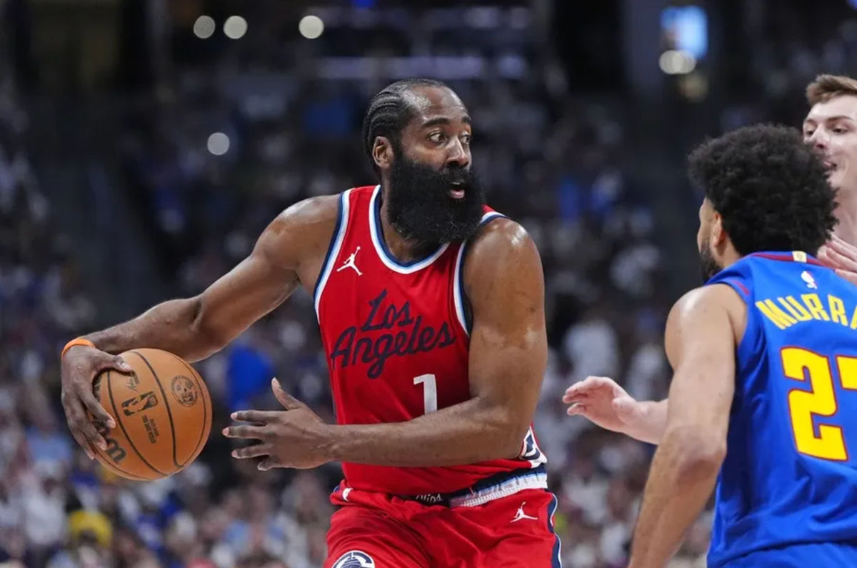 May 3, 2025; Denver, Colorado, USA; LA Clippers guard James Harden (1) prepares to pass the ball in the second quarter against the Denver Nuggets during game seven of first round for the 2025 NBA Playoffs at Ball Arena. Mandatory Credit: Ron Chenoy-Imagn Images
