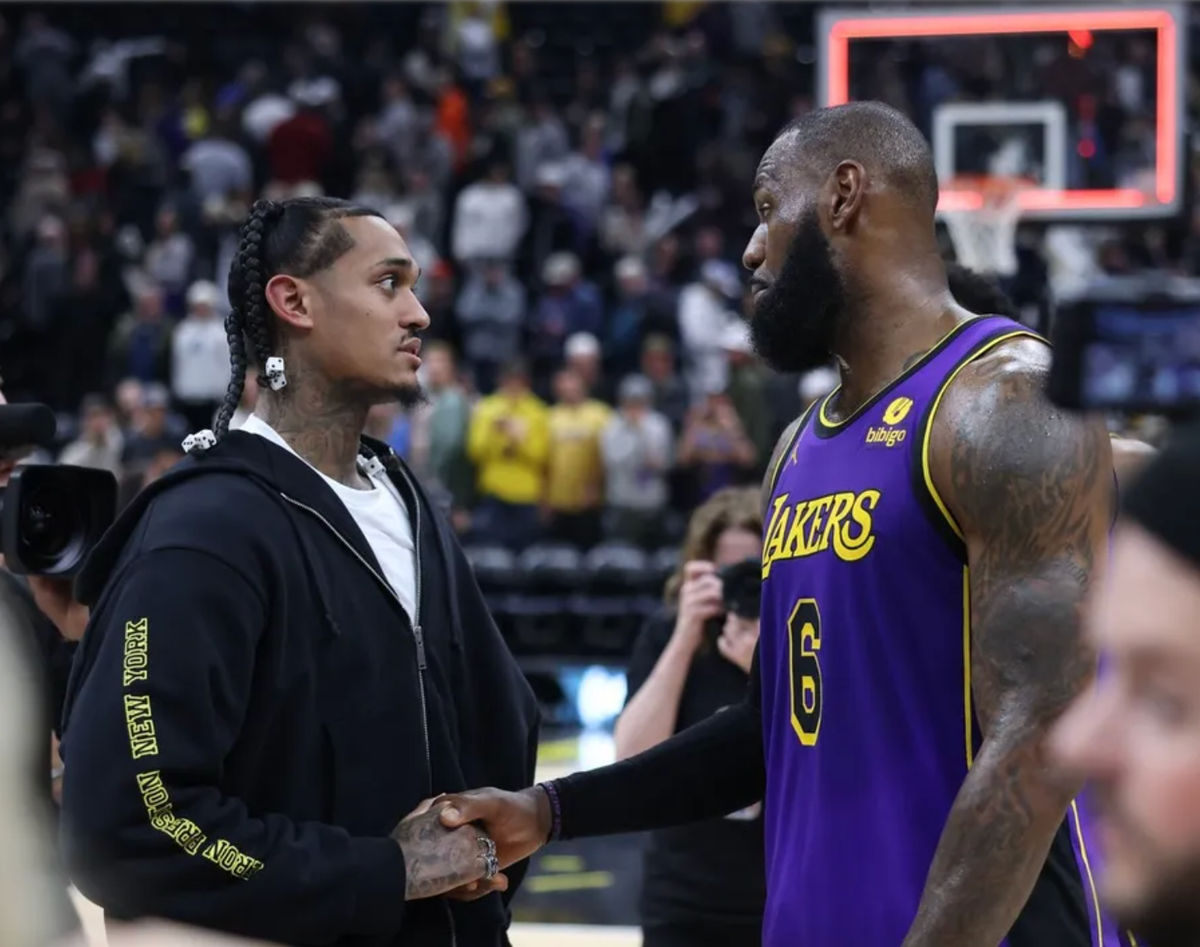 Apr 4, 2023; Salt Lake City, Utah, USA; Utah Jazz guard Jordan Clarkson (left) and Los Angeles Lakers forward LeBron James (6) shake hands after their game at Vivint Arena. Mandatory Credit: Rob Gray-Imagn Images