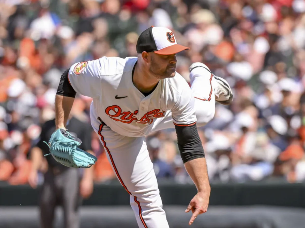 May 2, 2024; Baltimore, Maryland, USA; Baltimore Orioles relief pitcher Danny Coulombe (54) delivers a pitch during the seventh inning against the New York Yankees at Oriole Park at Camden Yards. Mandatory Credit: James A. Pittman-Imagn Images