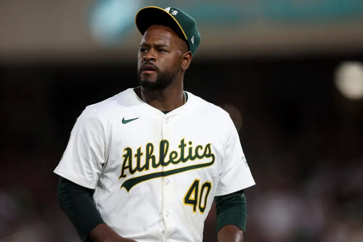 Jun 7, 2025; West Sacramento, California, USA; Athletics starting pitcher Luis Severino (40) walks back to the dugout after the fifth inning against the Baltimore Orioles at Sutter Health Park. Mandatory Credit: Dennis Lee-Imagn Images