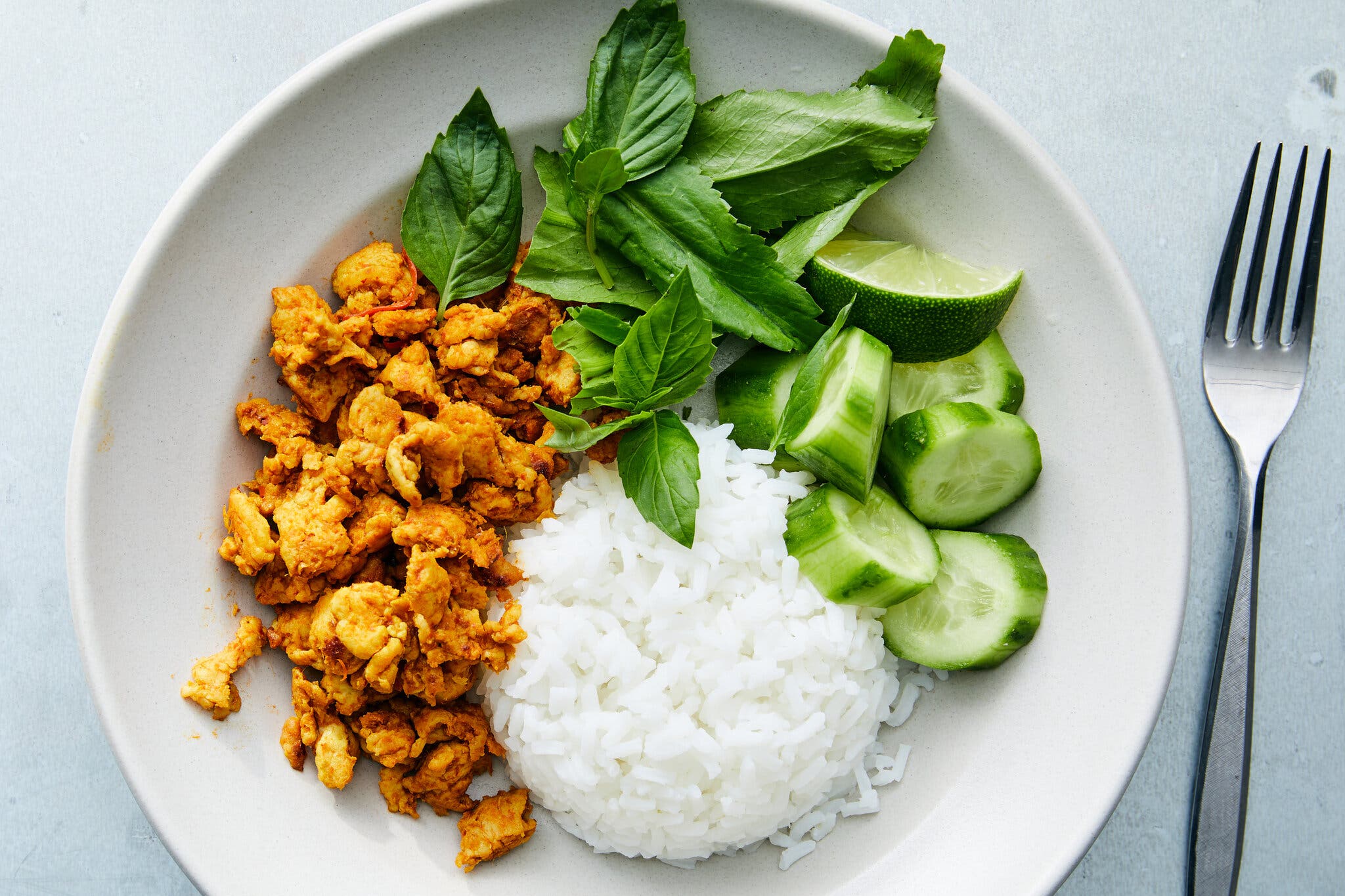 An overhead shot of a white serving plate with a mound of white rice, sliced cucumbers, mint sprigs and some yellow-tinged ground chicken. A fork lies to the side.