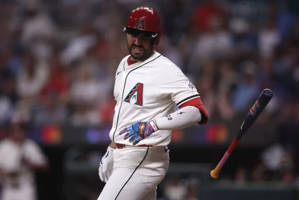 Jul 15, 2025; Cumberland, Georgia, USA; National League third baseman Eugenio Suarez (28) of the Arizona Diamondbacks reacts after getting hit by a pitch in the eighth inning during the 2025 MLB All Star Game at Truist Park. Mandatory Credit: Brett Davis-Imagn Images