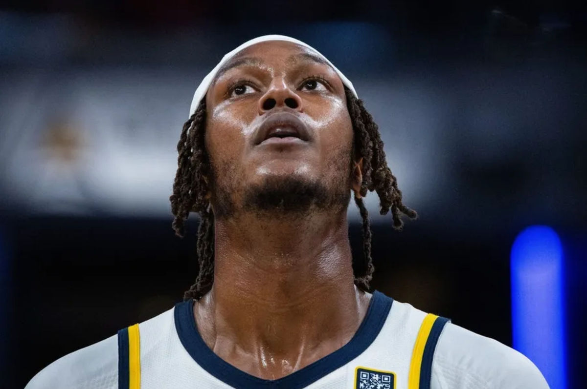 Feb 1, 2025; Indianapolis, Indiana, USA; Indiana Pacers center Myles Turner (33) reacts in the second half against the Atlanta Hawks at Gainbridge Fieldhouse. Mandatory Credit: Trevor Ruszkowski-Imagn Images