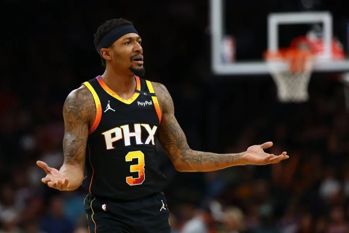 Apr 9, 2025; Phoenix, Arizona, USA; Phoenix Suns guard Bradley Beal (3) reacts against the Oklahoma City Thunder during the first half at Footprint Center. Mandatory Credit: Mark J. Rebilas-Imagn Images