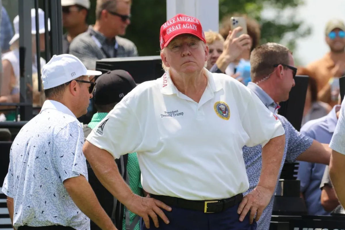 Bedminster, NJ August 11, 2023 -- Former President Donald Trump at the first tee before the opening round of the 2023 LIV Golf Tournament at Trump National in Bedminster, NJ on August 11, 2023. PHOTO USA TODAY SPORTS IMAGES