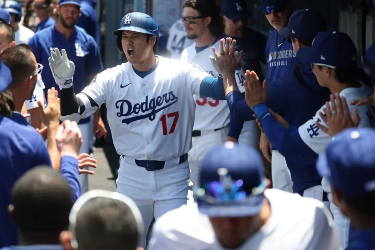 Jul 23, 2025; Los Angeles, California, USA; Los Angeles Dodgers designated hitter Shohei Ohtani (17) celebrates a solo home run during the first inning against the Minnesota Twins at Dodger Stadium. Mandatory Credit: Kiyoshi Mio-Imagn Images