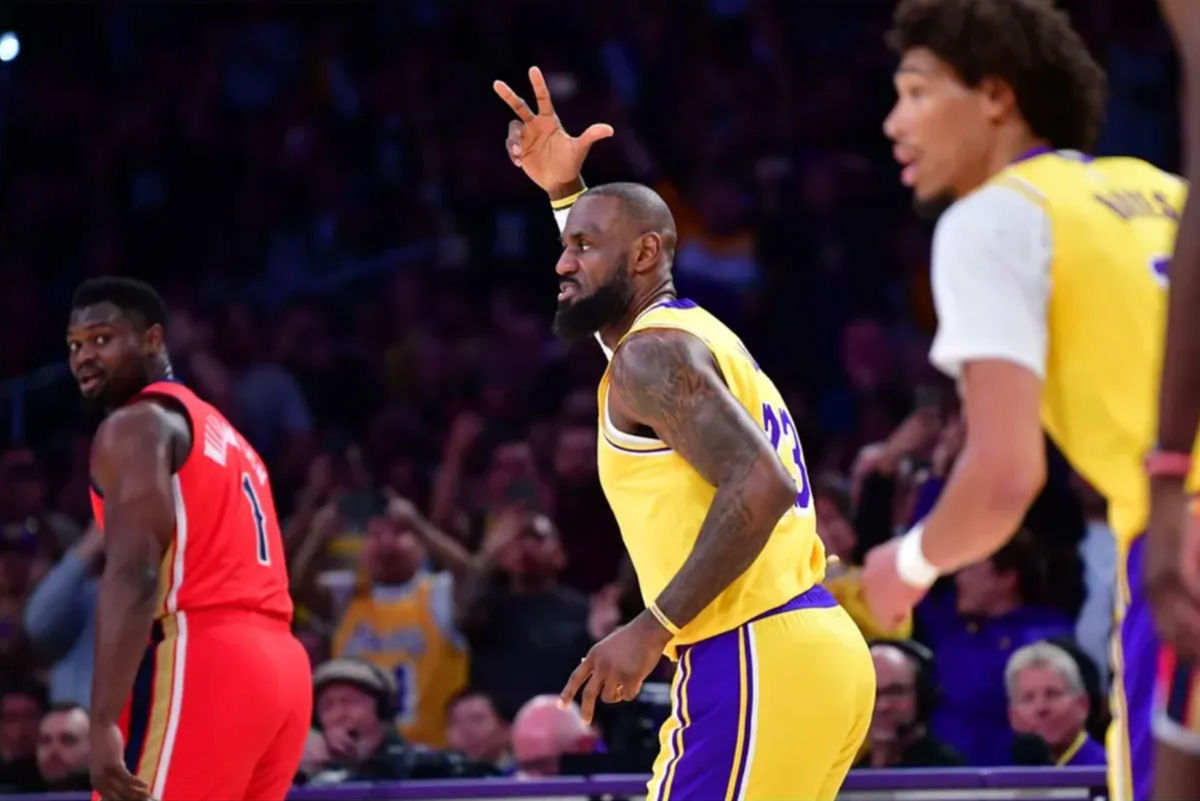 Mar 4, 2025; Los Angeles, California, USA; Los Angeles Lakers forward LeBron James (23) reacts after scoring a three point basket and recording 50,000 career NBA points against the against the New Orleans Pelicans during the first half at Crypto.com Arena. Mandatory Credit: Gary A. Vasquez-Imagn Images
