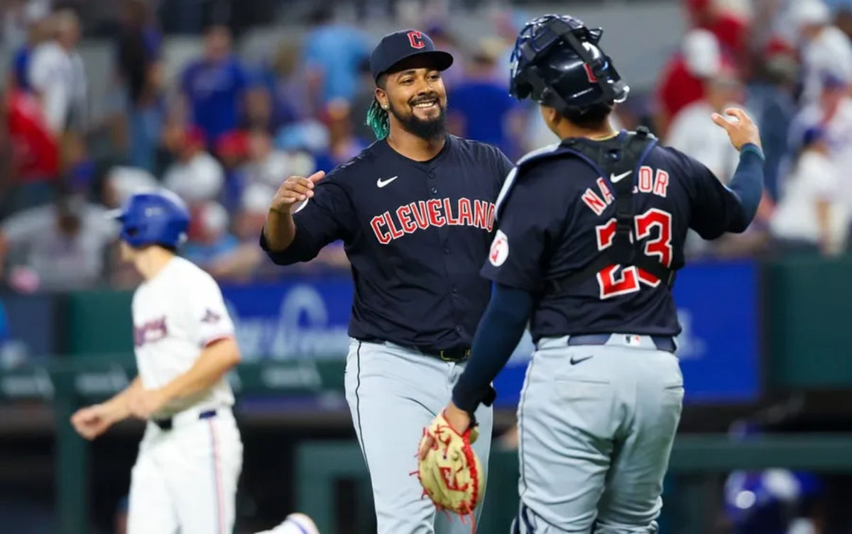 May 14, 2024; Arlington, Texas, USA; Cleveland Guardians pitcher Emmanuel Clase (48) celebrates with Cleveland Guardians catcher Bo Naylor (23) after the game against the Texas Rangers at Globe Life Field. Mandatory Credit: Kevin Jairaj-USA TODAY Sports