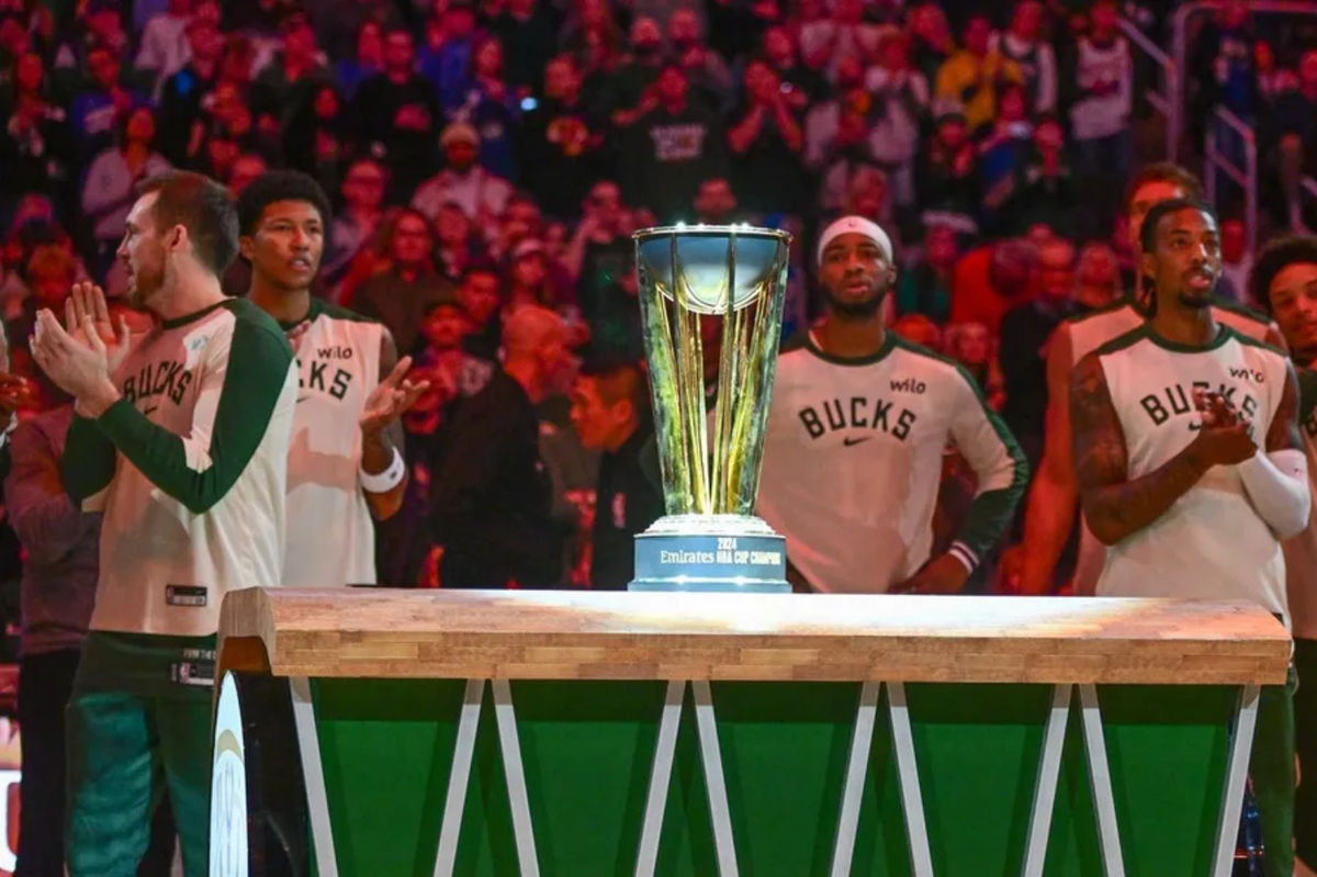 Dec 21, 2024; Milwaukee, Wisconsin, USA; The Milwaukee Bucks display the NBA Cup before a game against the Washington Wizards at Fiserv Forum. Mandatory Credit: Benny Sieu-Imagn Images