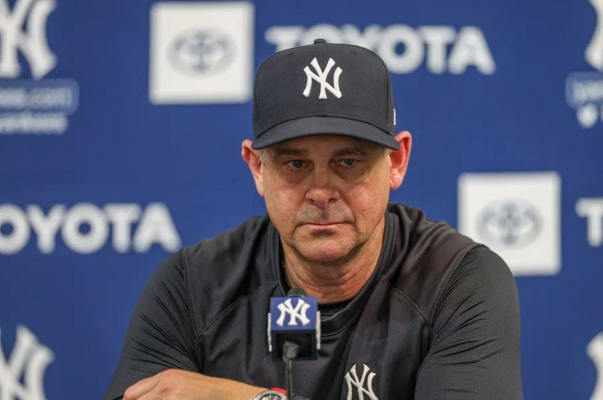 Feb 13, 2025; Tampa, FL, USA; New York Yankees manager Aaron Boone (17) gives a press conference during spring training workouts at George M. Steinbrenner Field. Mandatory Credit: Nathan Ray Seebeck-Imagn Images