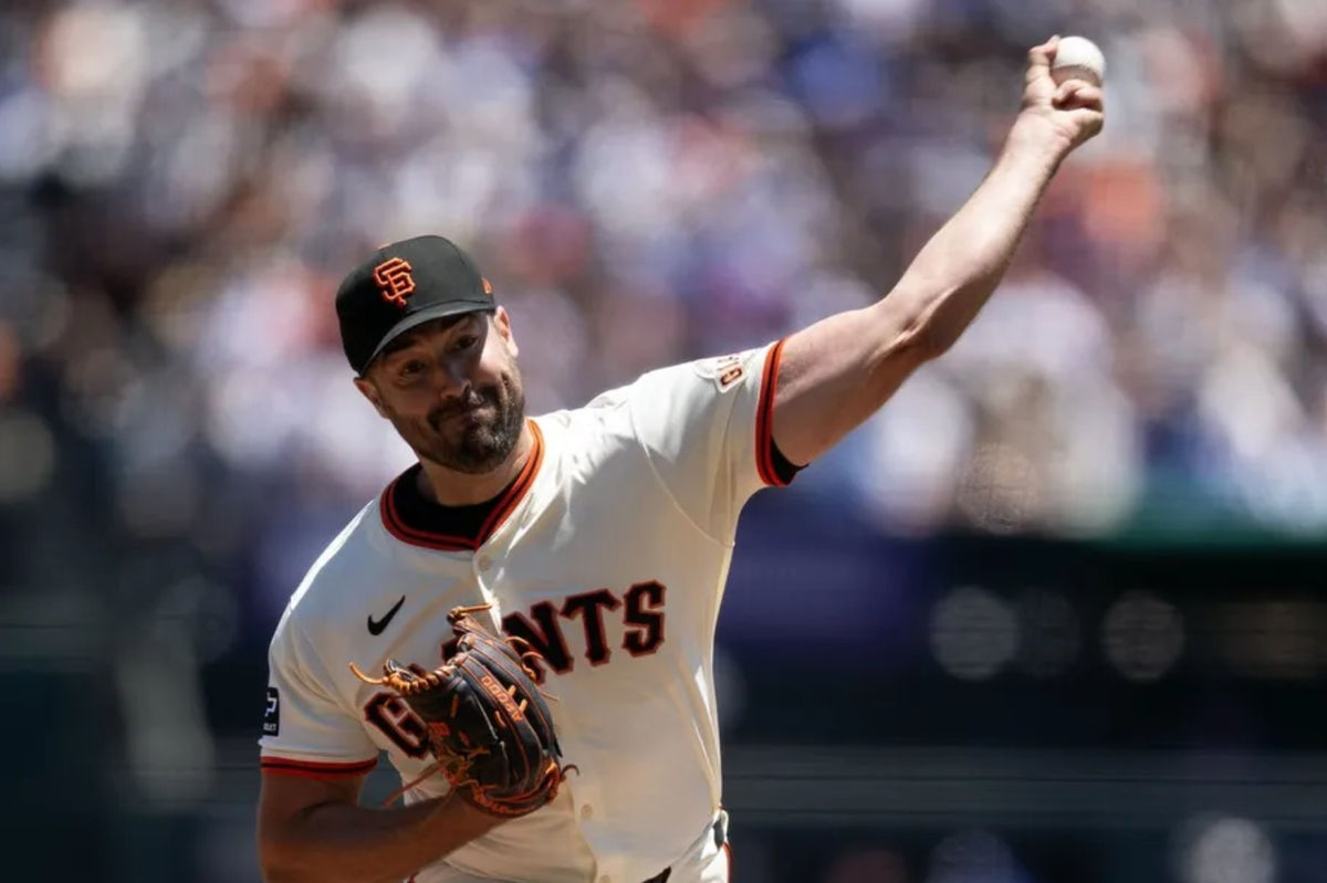Jul 13, 2025; San Francisco, California, USA; San Francisco Giants starting pitcher Robbie Ray (38) delivers a pitch against the Los Angeles Dodgers during the first inning at Oracle Park. Mandatory Credit: D. Ross Cameron-Imagn Images