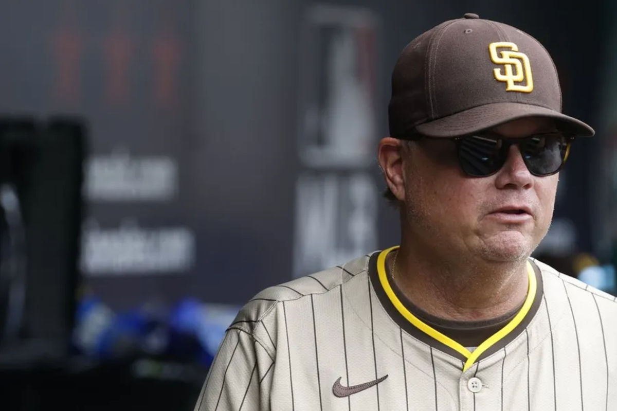 Jul 20, 2025; Washington, District of Columbia, USA; San Diego Padres manager Mike Shildt (8) stands in the dugout prior to the Padres' game against the Washington Nationals at Nationals Park. Mandatory Credit: Geoff Burke-Imagn Images