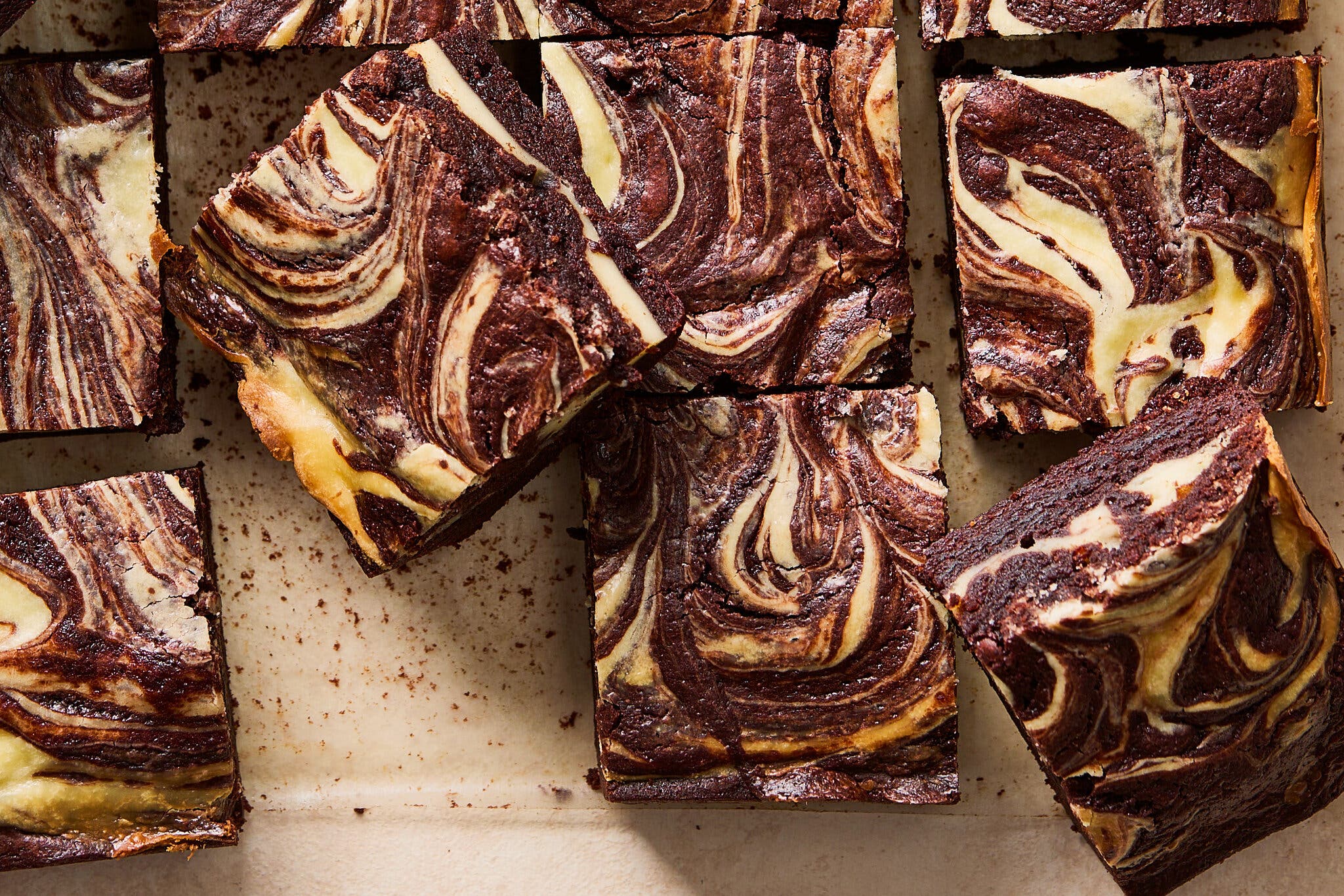 On overhead image of cream cheese brownies.