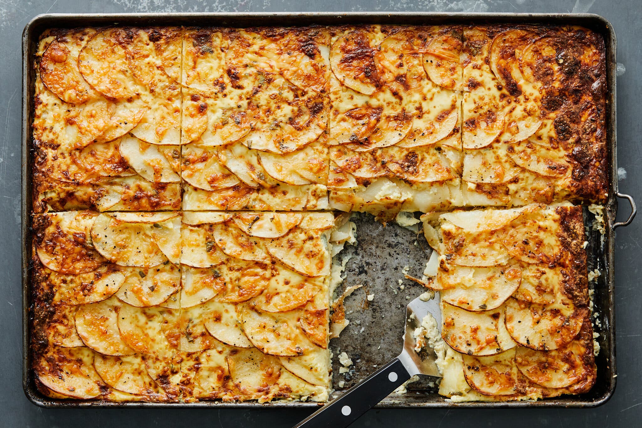 An overhead image of a sheet-pan of golden-brown, scalloped gratin. The gratin has been cut into eight pieces, and one has been removed.