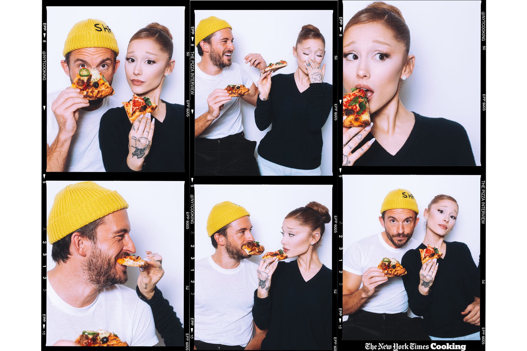 A set of six film slide film negatives show a man in a yellow beanie and a woman eating pizza slice.