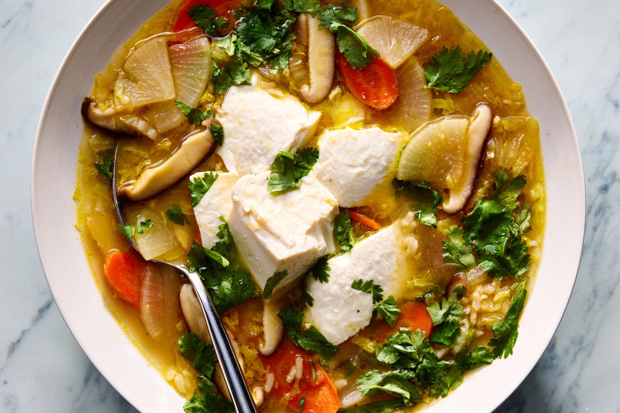 Large cubes of silken tofu, sliced shiitake mushrooms, daikon radish and carrots in a light, clear broth with cilantro.